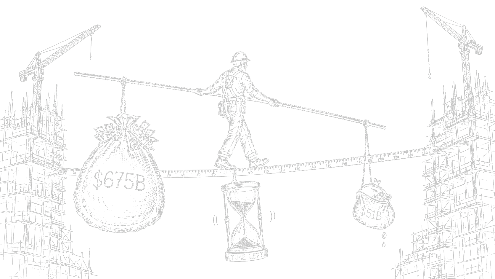 Line art of a construction worker balancing AI infrastructure capex and revenue across a ruler.