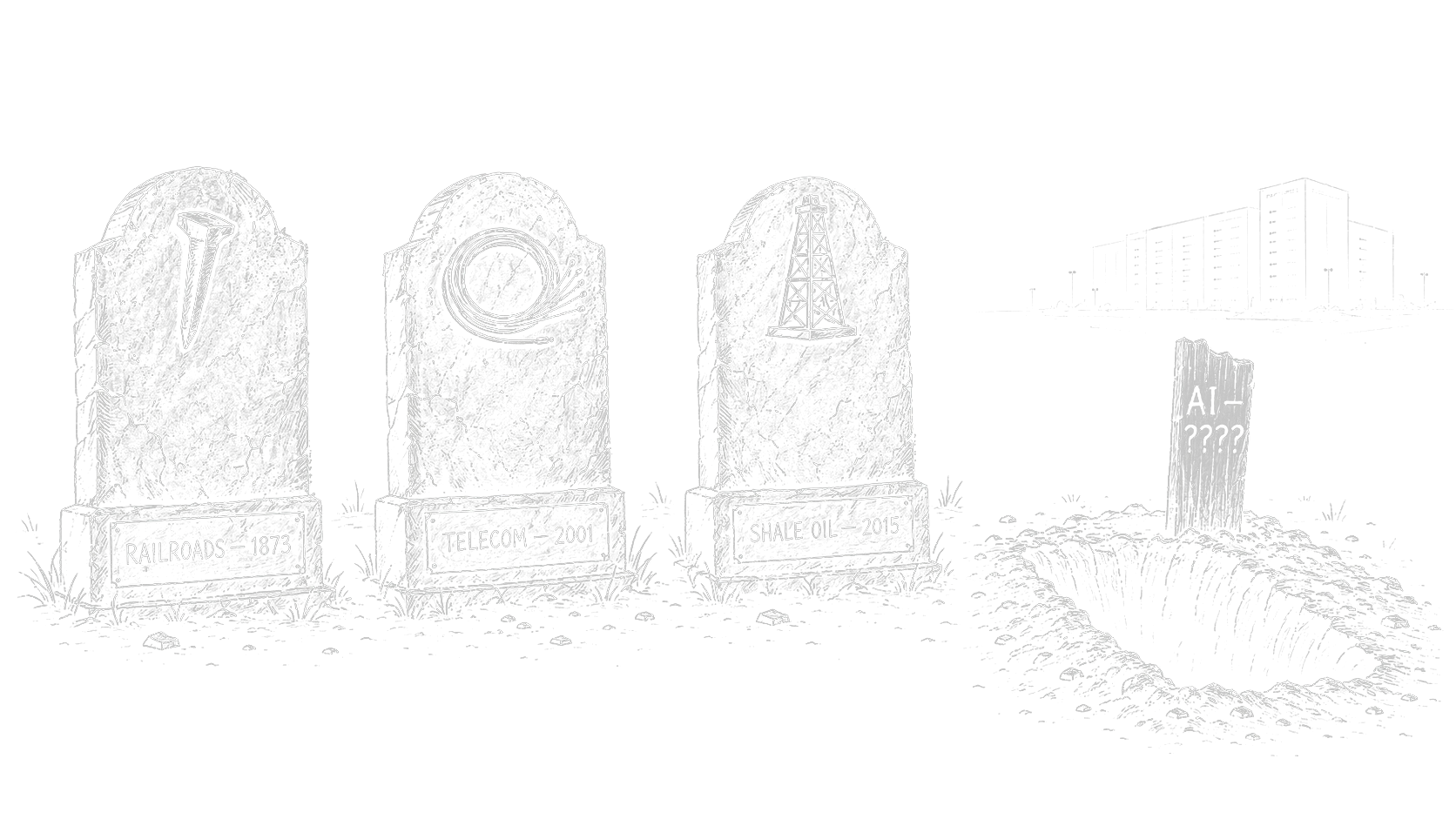 Line art of historical capital cycles from railroads to telecom and shale.
