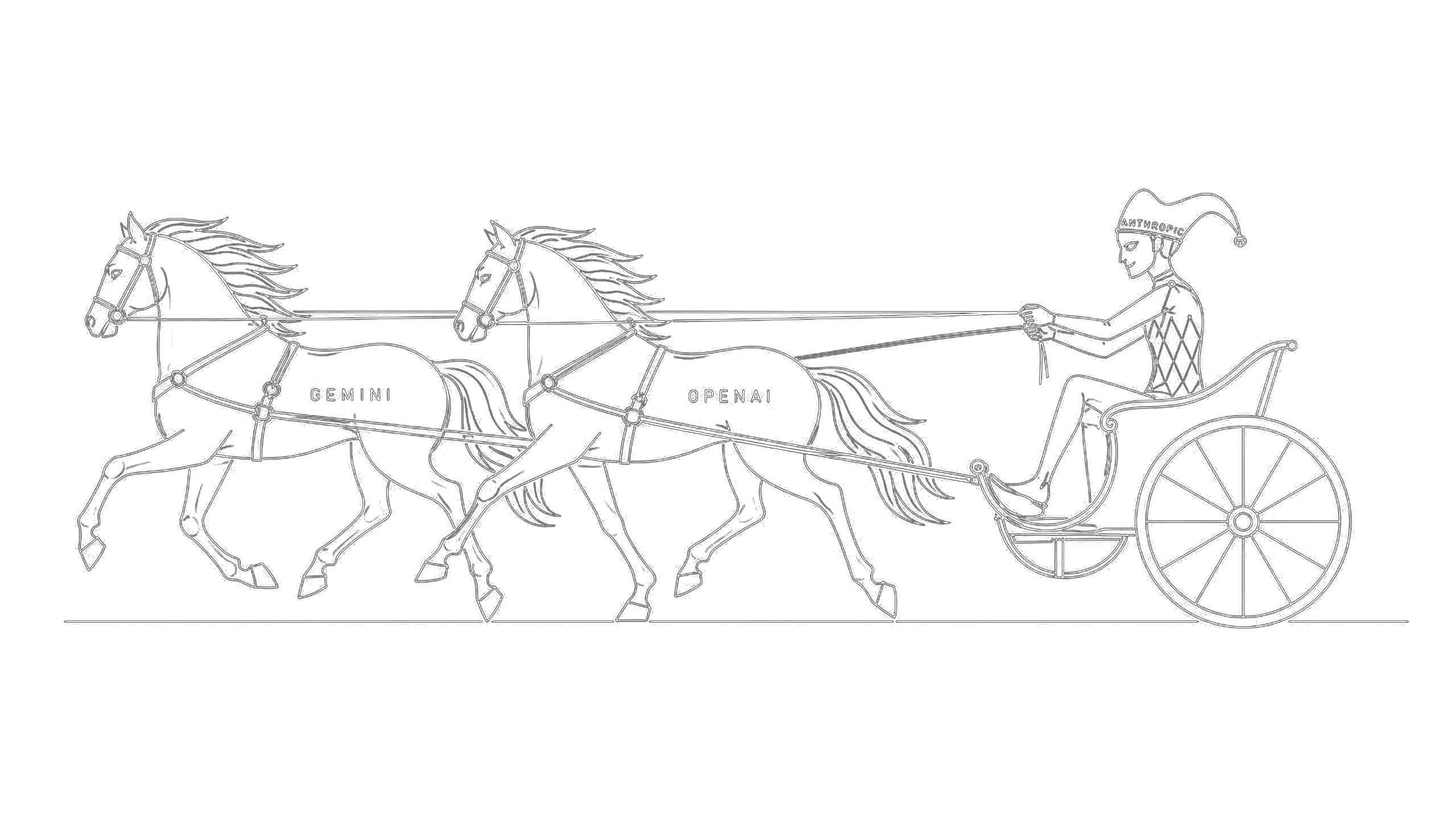 Line art of Anthropic steering a carriage pulled by Gemini and OpenAI.