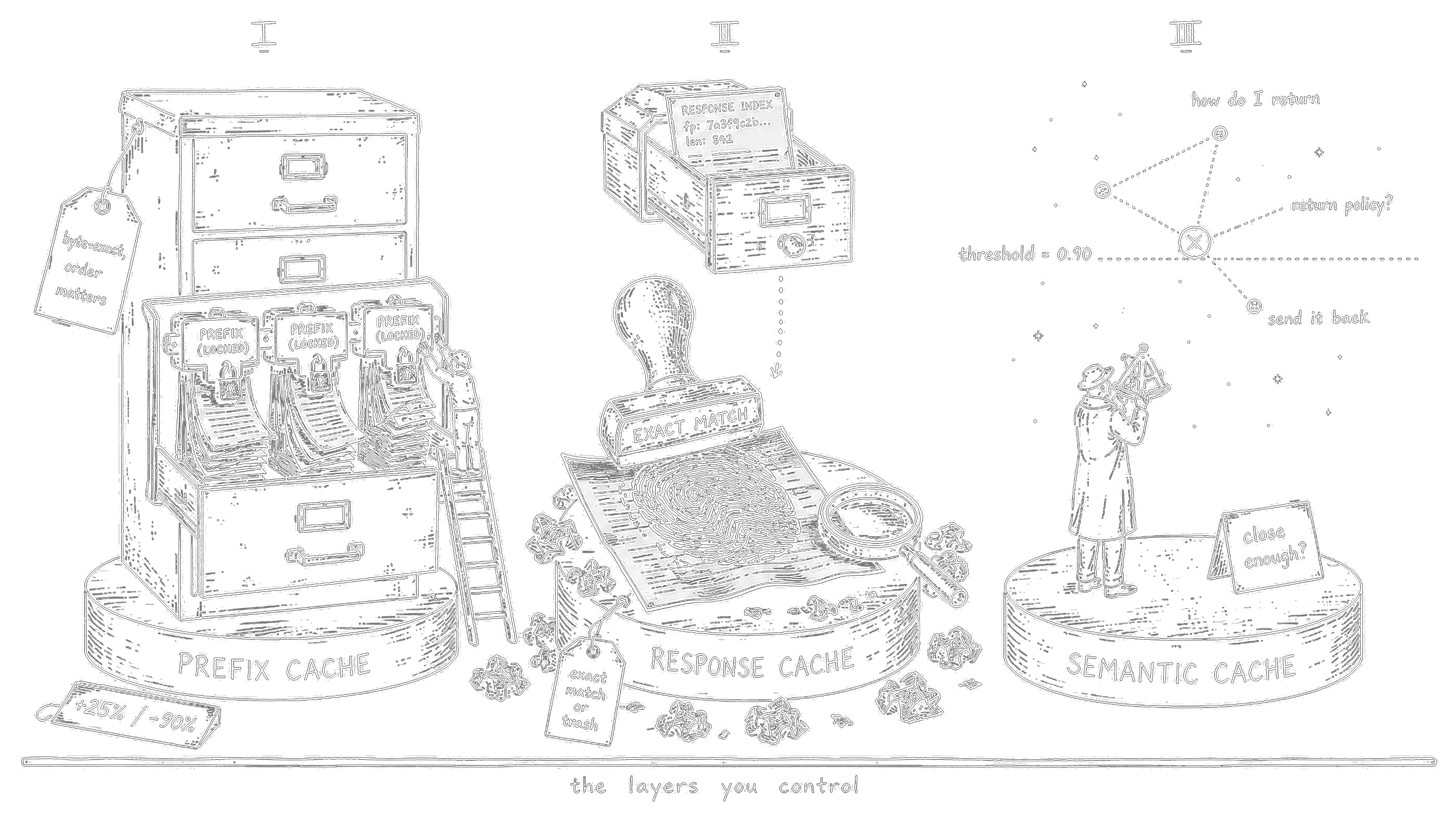 Prefix cache, response cache, and semantic cache shown as three controllable layers.