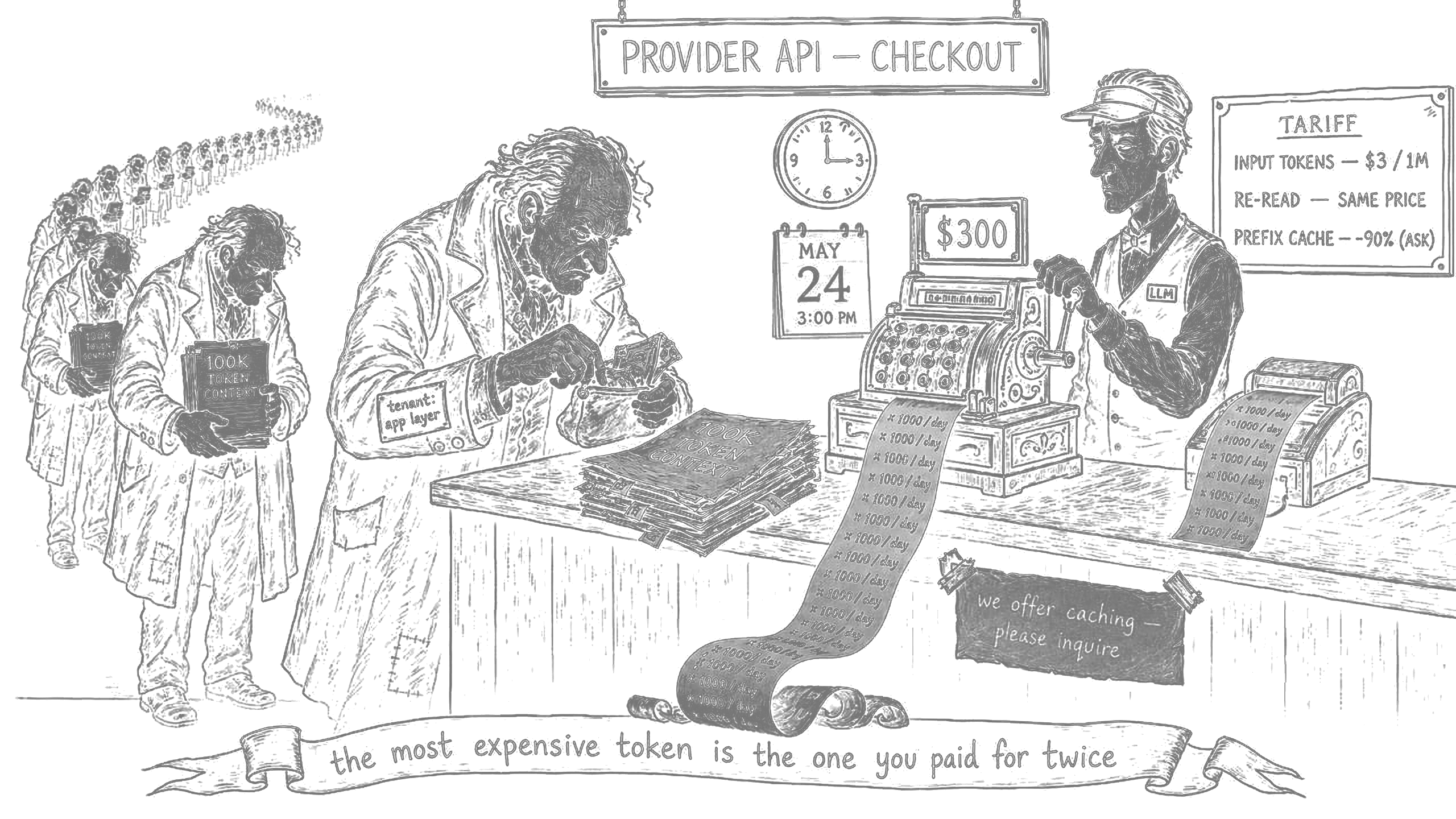 Line art of a provider API checkout counter charging for repeated context.