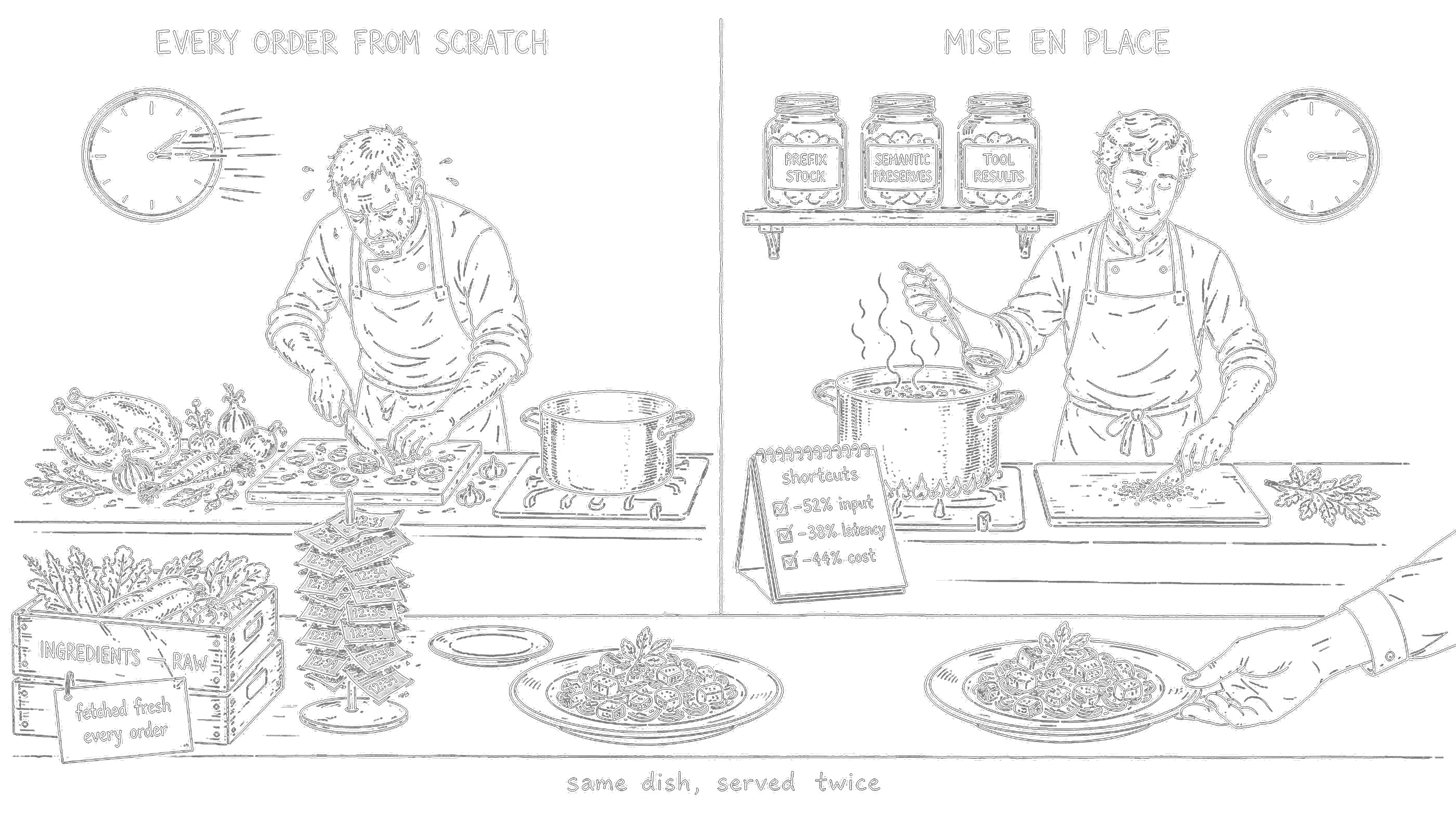 A kitchen comparison between preparing every request from scratch and reusing cached ingredients.