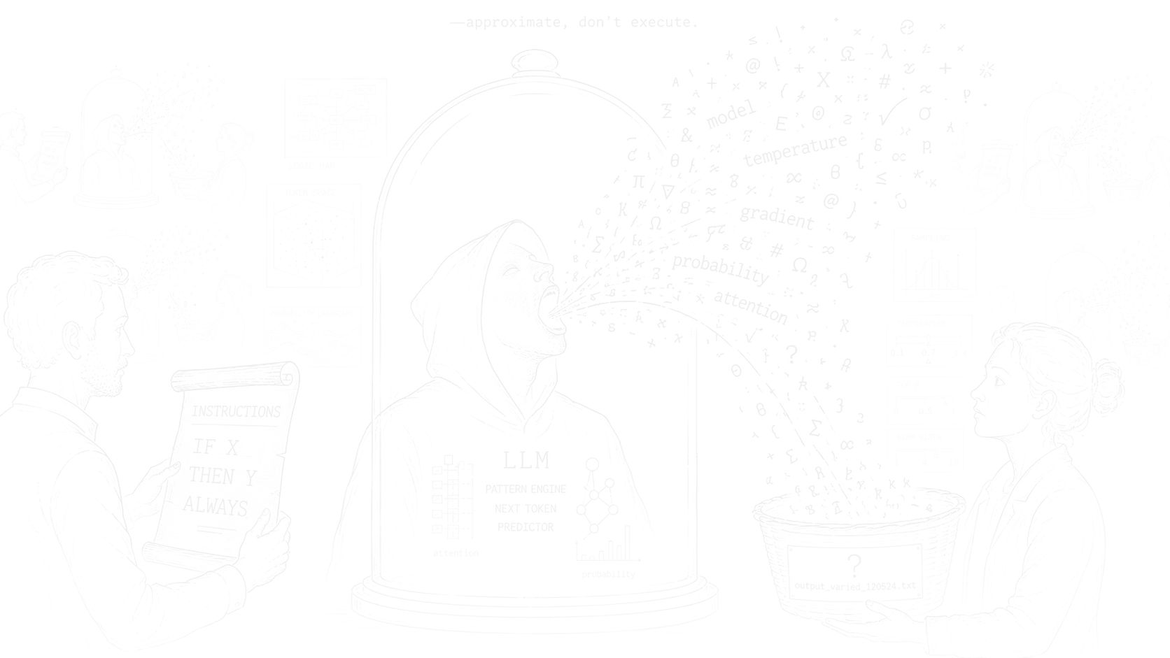 Line art of an LLM probability engine producing tokens.
