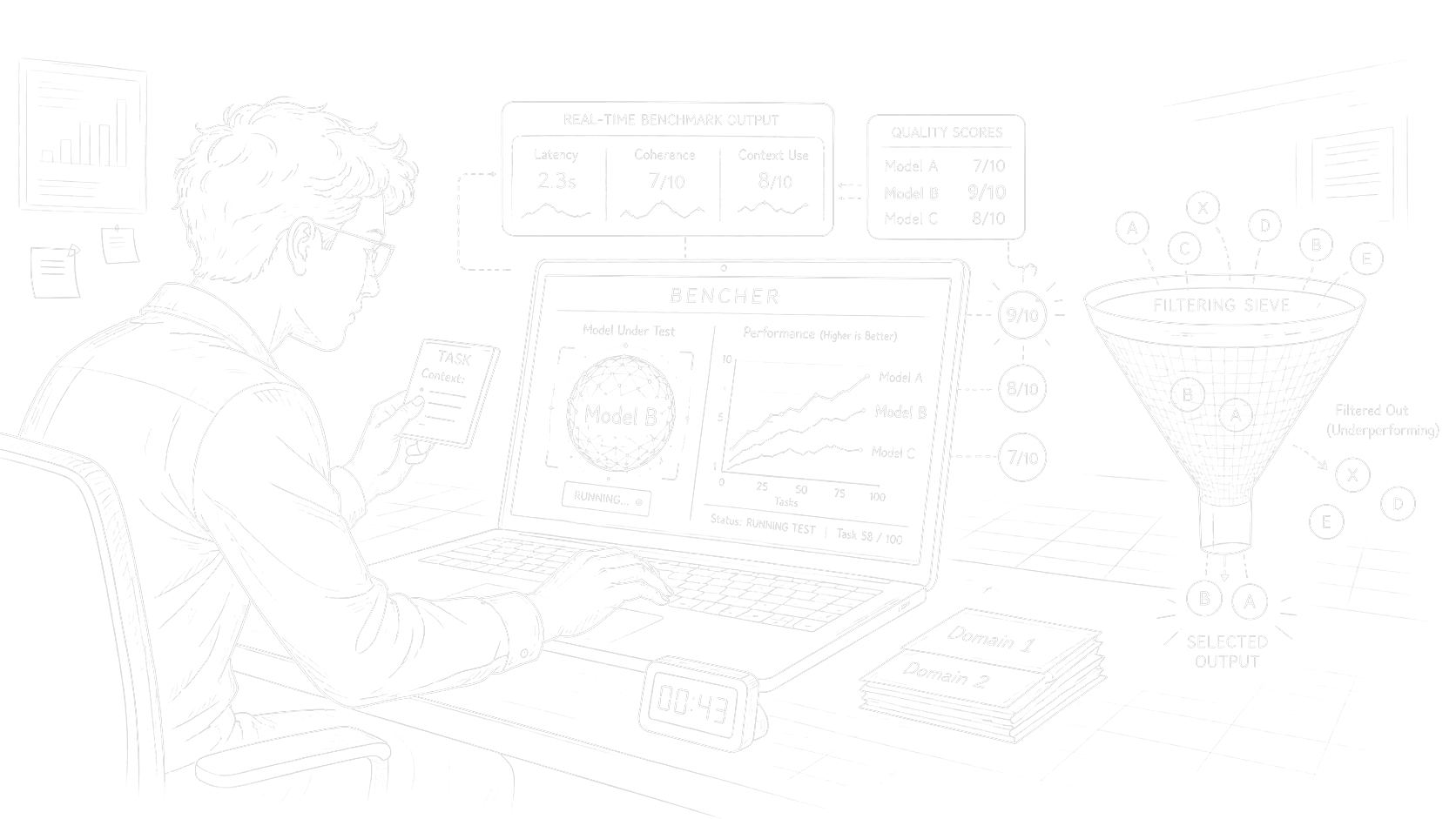 Line art of Bencher running model evaluations through a filtering sieve.