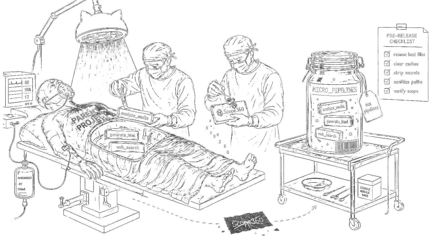 Line art of Micro Pipelines being extracted from a parent project into an open-source package.