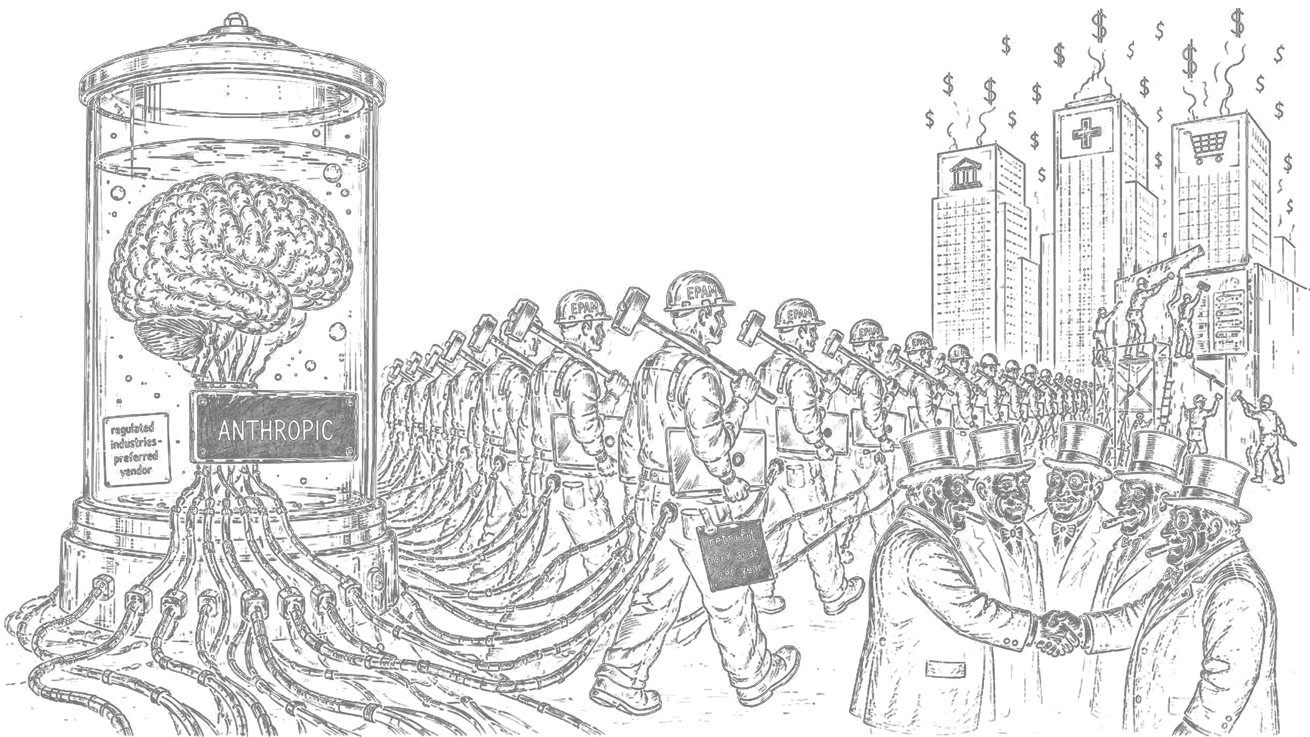 Line art of EPAM workers retrofitting enterprise towers through an Anthropic industrial brain.